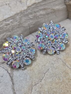 Crystal Aurora Stud Clip On Earrings - Iridescent Rhinestone Floral Cluster